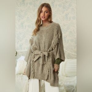 Davi & Dani Greige Cable Knit Fringe Sweater Pullover Poncho - Plus Size
